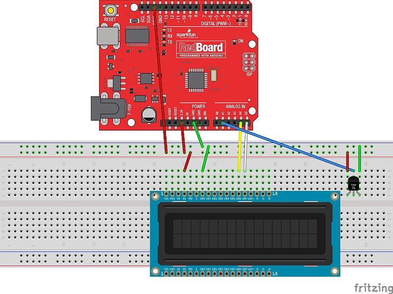 Fritzing schematic illustrating connections from a Sparkfun RedBoard, an LCD display module, and a TMP36 temperature sensor