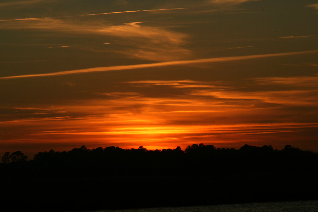 Sunset image with orange light reflected on high wispy clouds.