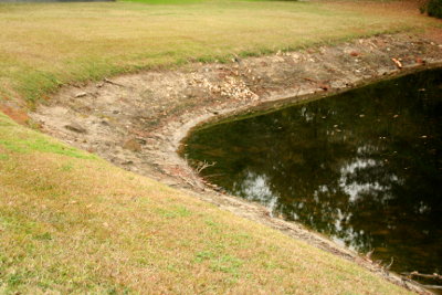 Neighbourhood water retention pond.  The water level in the pond is significantly lower than normal.