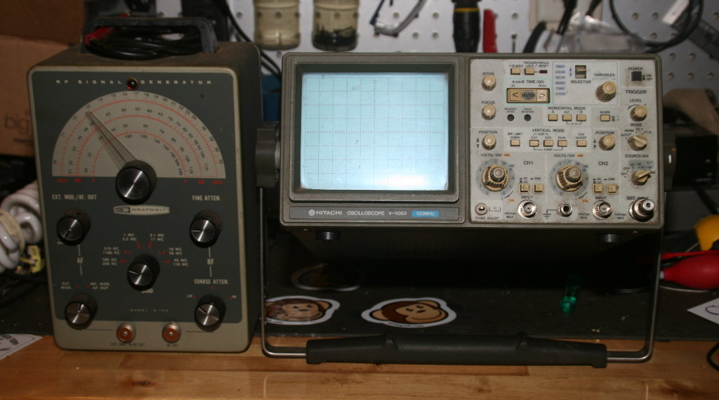 Heathkit IG-102 signal generator and a Hitachi oscilloscope