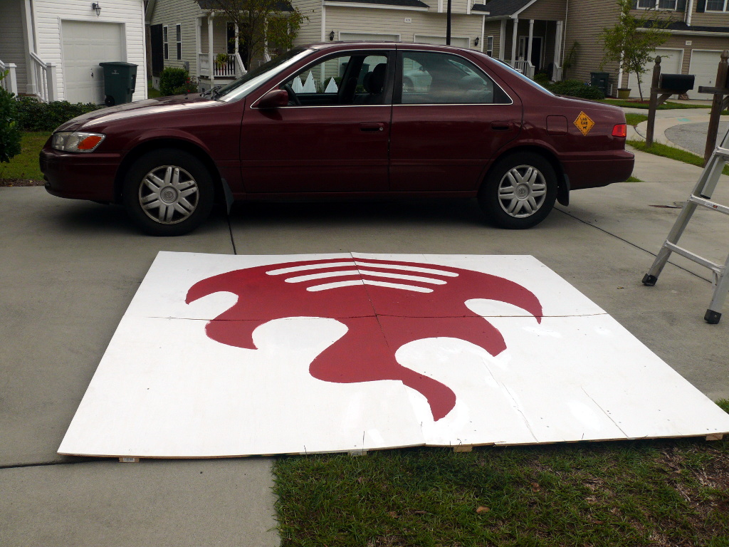 BarcampCHS BFS on the driveway next to a Toyota Camry for scale.