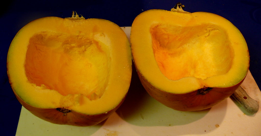 Pumpkin halves with the seeds removed.