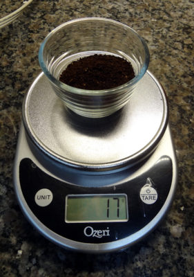 17 grams of ground coffee (about 3 tablespoons)