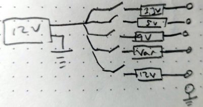 Block diagram for a potential battery powered power supply providing multiple voltages