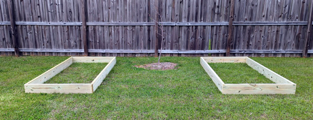Two wooden boxes on the lawn to be used for raised bed gardening
