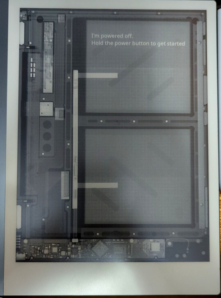 reMarkable tablet with an x-ray of the tablet as the power-off splash screen