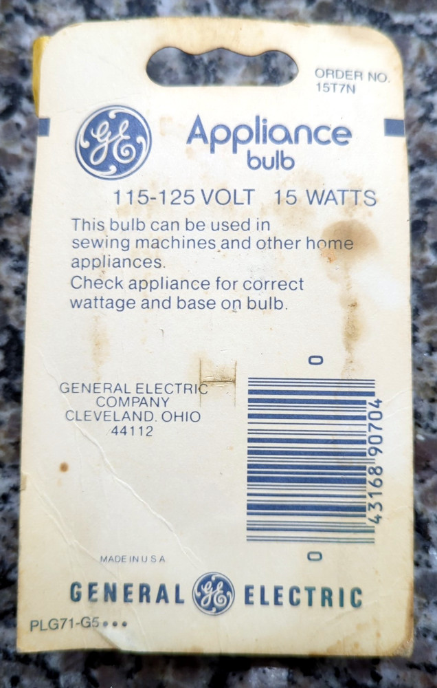 Back of the GE appliance light bulb package.  Package reads "Appliance bulb 115-125 Volt 15 Watts.  This bulb can be used in sewing machines and other home appliances"