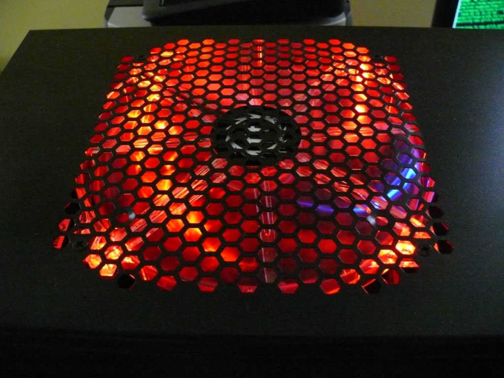 Red LED lighting on the top fan of the computer case
