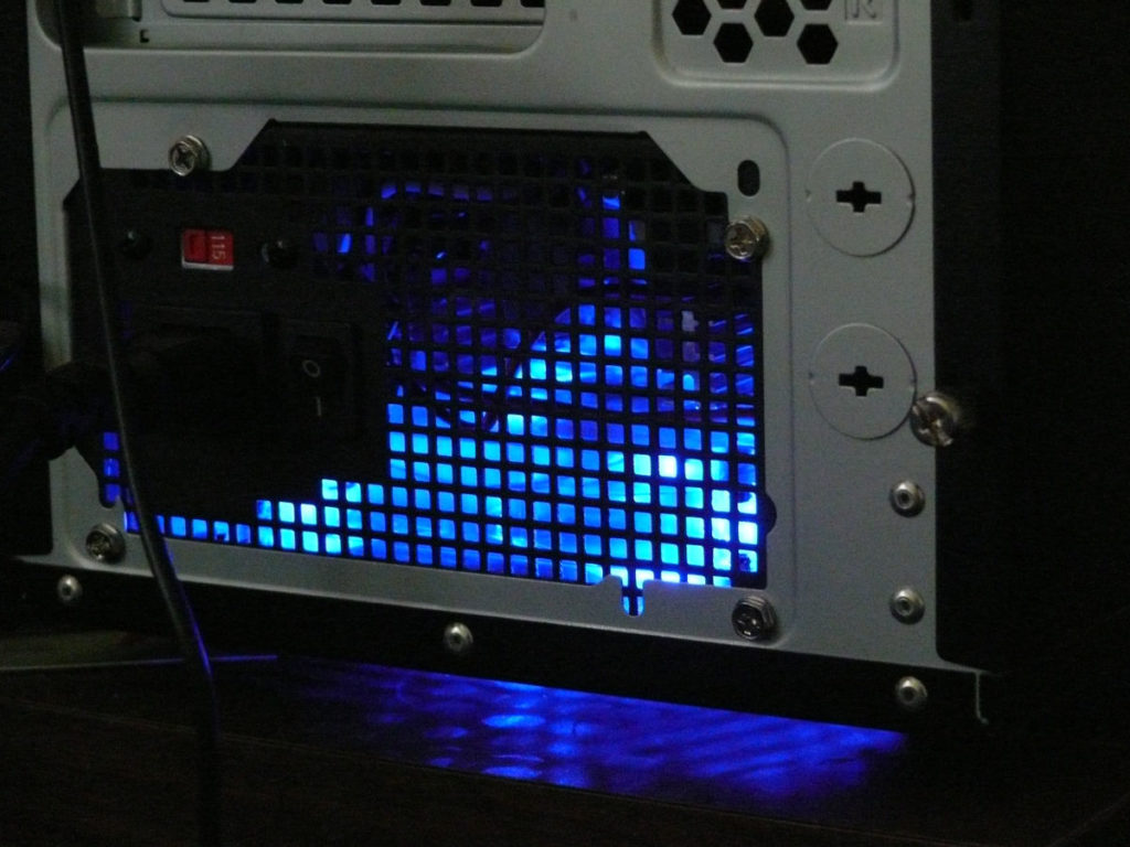 Blue LED lighting coming from the power supply of the computer